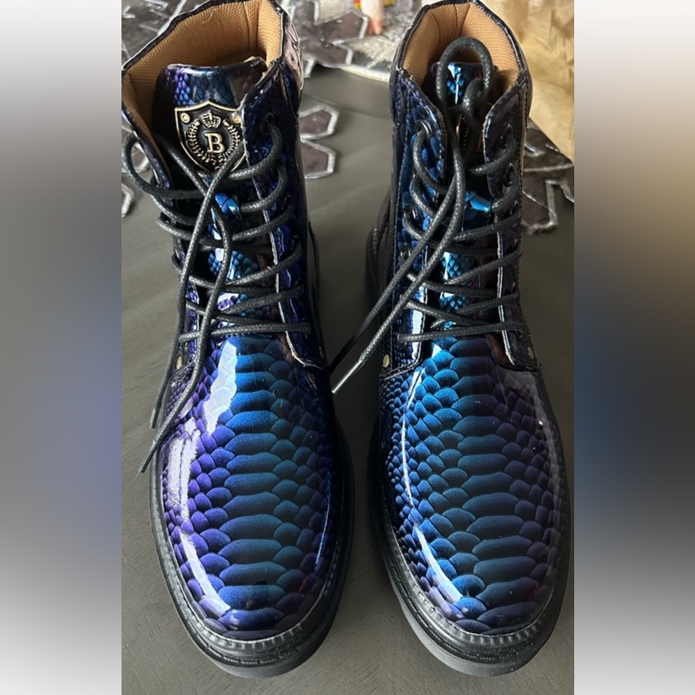 Irridescent snake print combat boots
